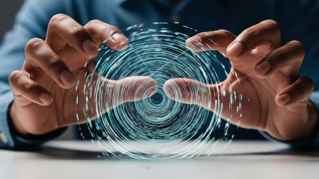 Hands manipulate a swirling vortex of digital lines and particles