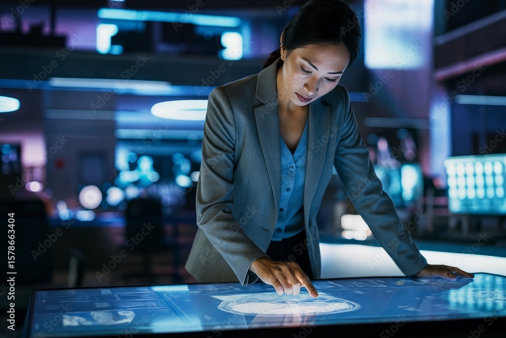 Poster focused asian businesswoman uses interactive touchscreen display in a high-tech control room, analyz