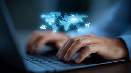 Close-up of hands on keyboard with holographic supply chain network
