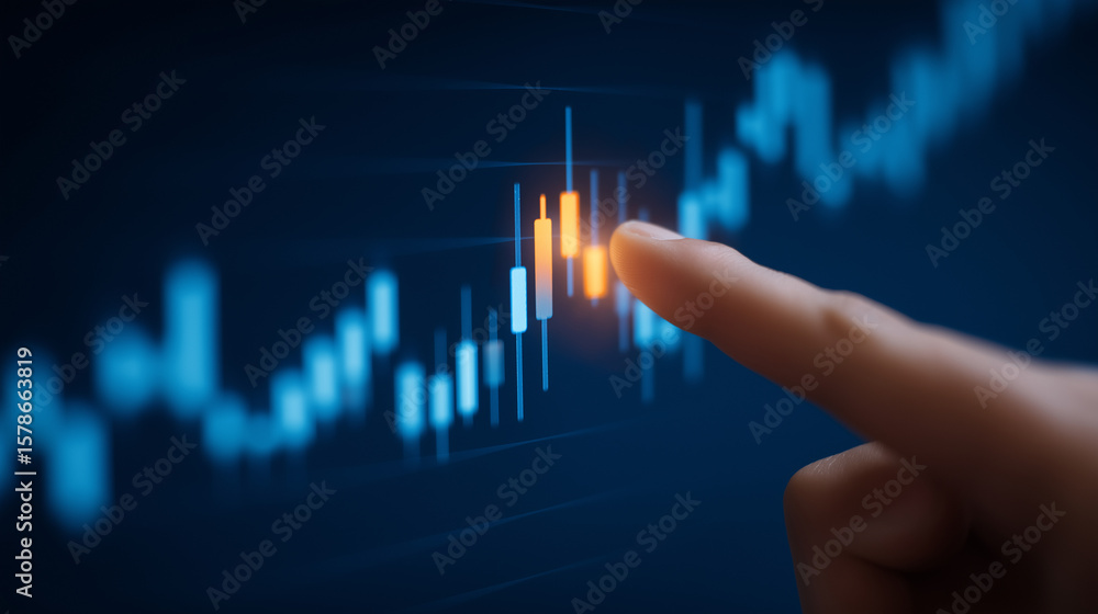 Poster close-up of finger pointing at financial charts and data analysis
