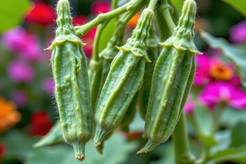macro shot of fresh green okra pods covered in tiny hairs, vibrant garden background softly blurred.