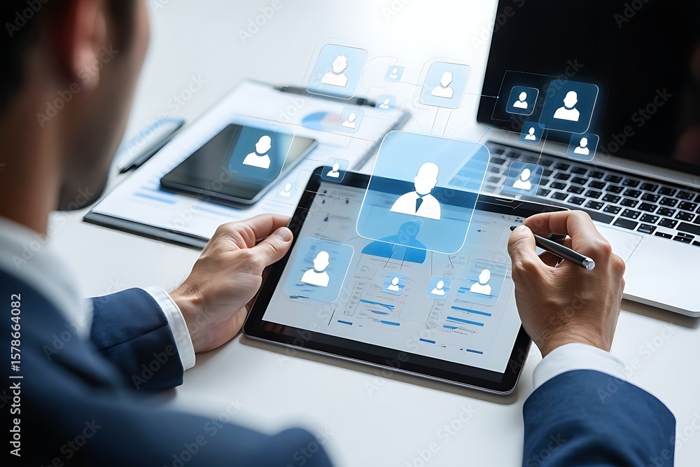 Poster man in suit using a tablet with a digital network of people icons symbolizing human resources and co