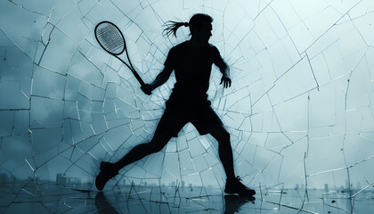 Silhouette of tennis player with racket against cracked glass background in blue tone image