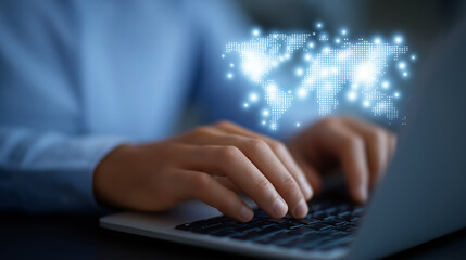 Typing hands on laptop with global network background
