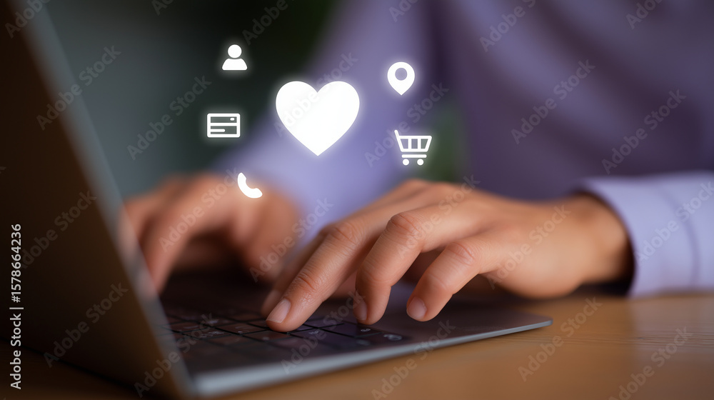 Poster close-up of hands typing on laptop with user profile and icons