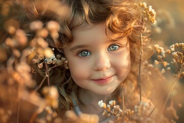 Little girl with curly blonde hair hiding and smiling in a field of flowers at golden hour