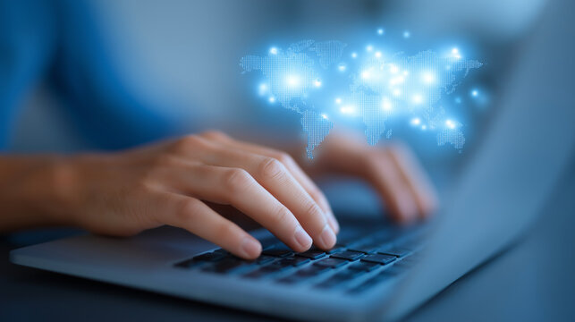 Typing on Laptop with Global Social Network Background