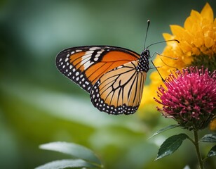 Obraz premium Monarch butterfly gracefully perched on vibrant flowers, feeding with its proboscis in peaceful
