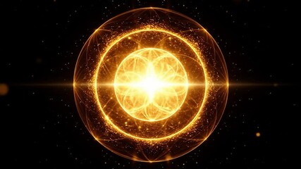 Radiant orb of light and golden energy in a dark space, surrounded by particles and lens flares - Powered by Adobe