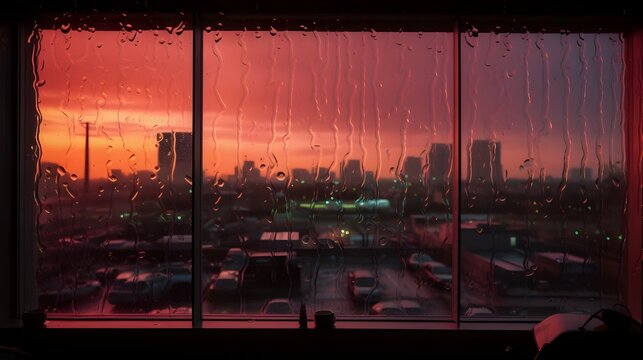 Evening city skyline view through a rain-streaked window with a vibrant sunset, creating a moody and evocative urban scene.