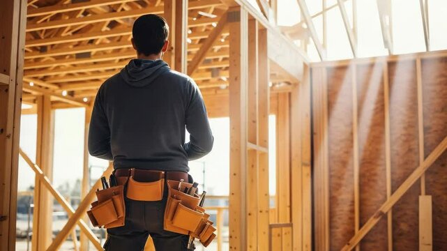 Male contractor with a tool belt standing inside a new house under construction. Carpenter inspecting the wooden frame of a home building project.