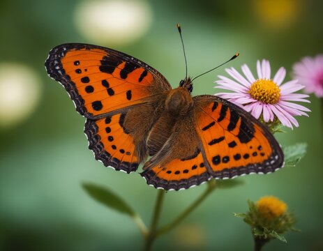An orange butterfly with black spots rests gracefully on a soft, pink daisy in a tranquil garden.