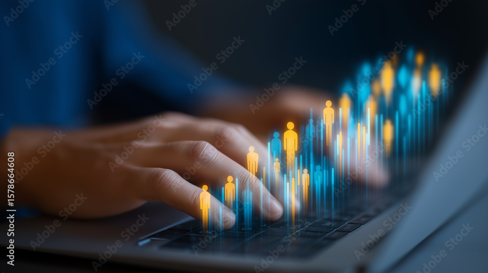 Poster hands typing on laptop with demographic analytics data