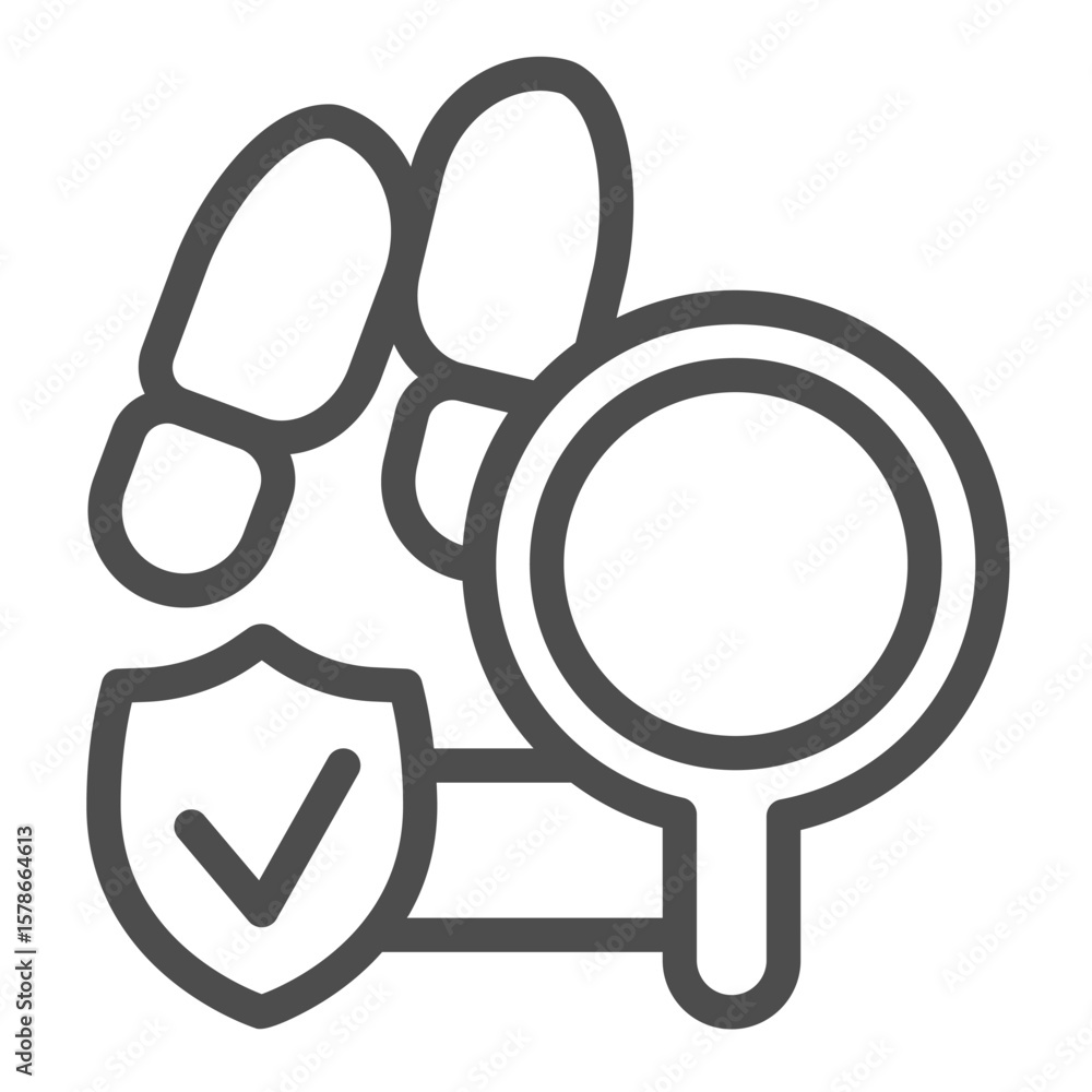 Poster magnifier with shoe prints and checkmark emblem line icon, police force concept. vector graphics. fi