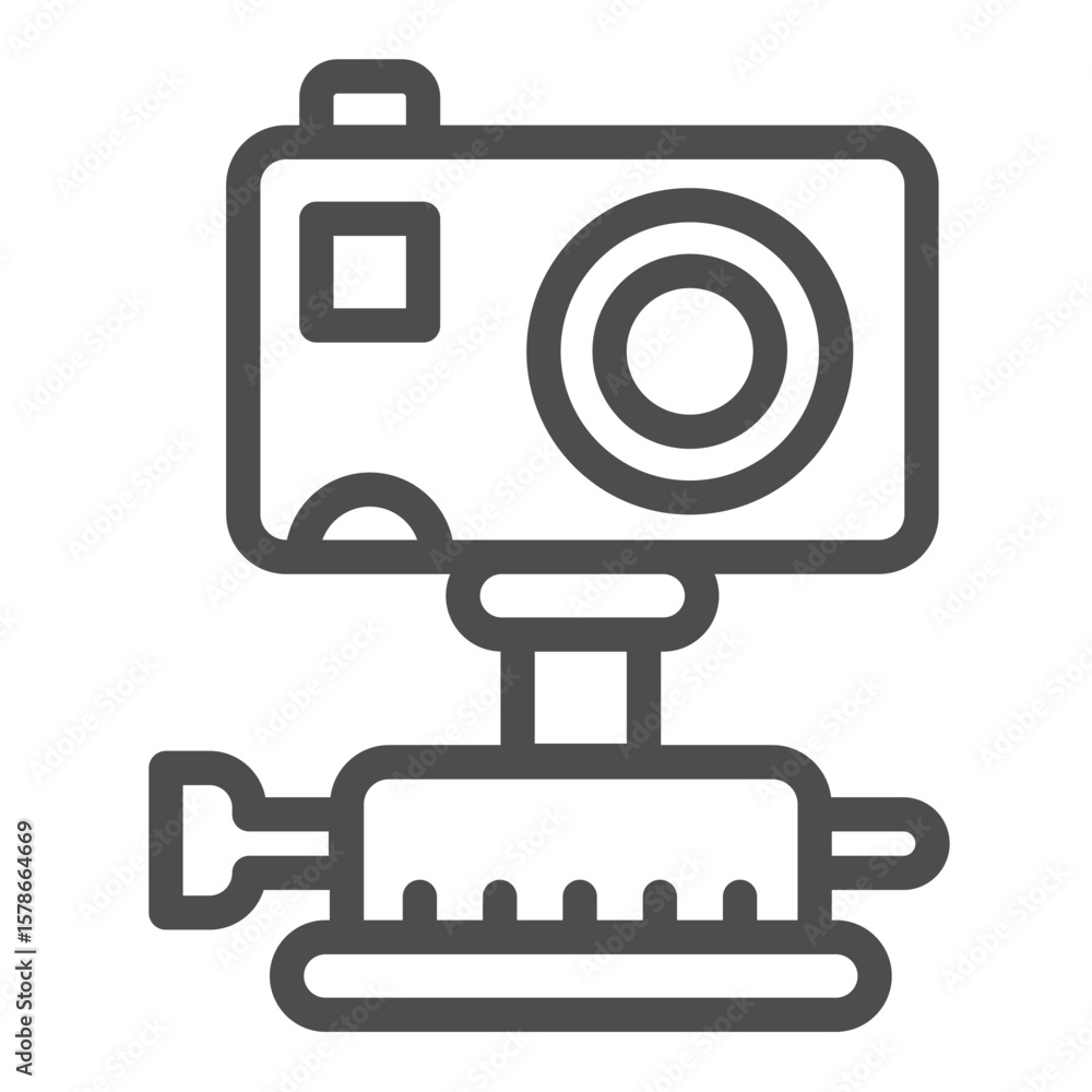 Poster portable video camera with tripod pin line icon, police force concept. vector graphics. camera for r