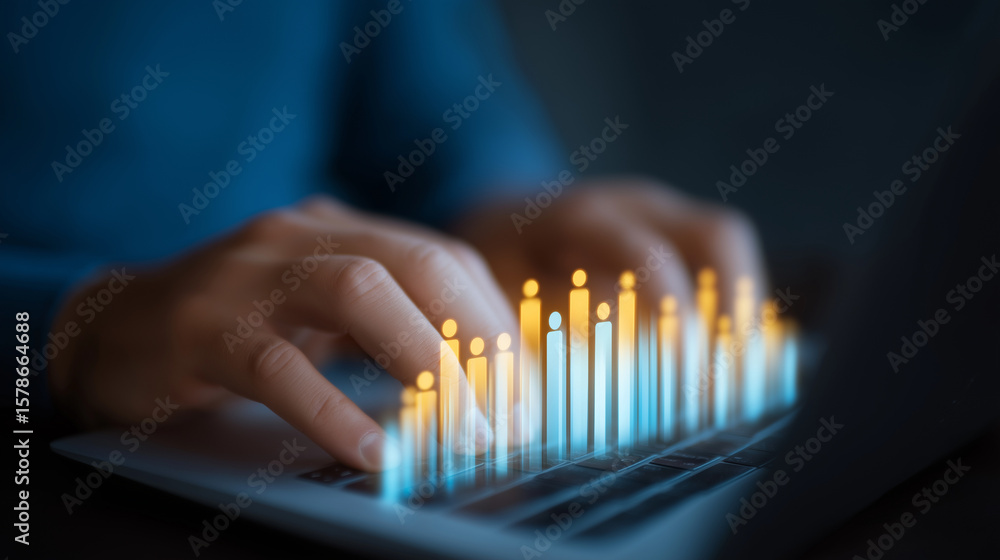 Poster hands typing on laptop with dynamic demographic analytics chart