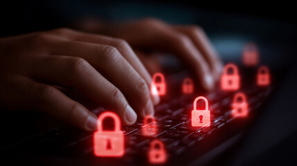 Hands on Laptop with Translucent Padlock Icons for Security Theme