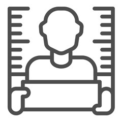 Portrait photo of bandit man line icon, police force concept. Vector graphics. Man at ruler with plank, law and order sign on white background, outline style icon for mobile or web design.