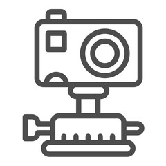 Portable video camera with tripod pin line icon, police force concept. Vector graphics. Camera for recording crimes sign on white background, outline style icon for mobile or web design.
