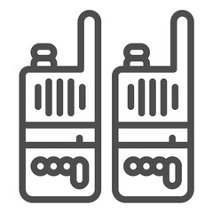 Fototapeta premium Two walkie talkie radios line icon, police force concept. Vector graphics. Pocket radio devices pair, communication sign on white background, outline style icon for mobile or web design.