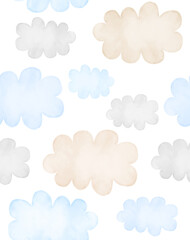 Simple Hand Drawn Irregular Vector Pattern With Pastel Blue, Gray and Beige Clouds on a White Background. Delicate Baby Shower Endless Print For Baby Boy. Wallpaper With Fluffy Clouds. 