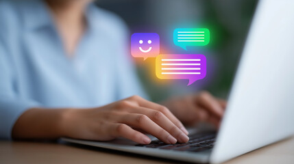 Typing on a Laptop with Chatbot Avatar and Speech Bubbles