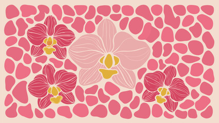 Three red orchids and one pink orchid with yellow centers on a background of pink pebbles design