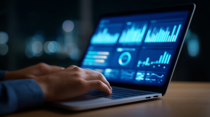 Professional Typing on a Laptop with Holographic Data Dashboard