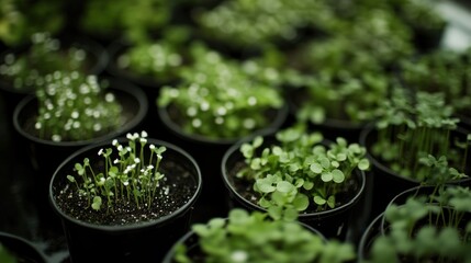Close-up of various small plants in dark pots