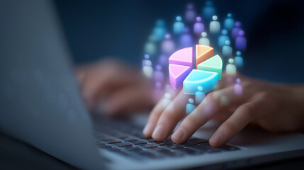 Hands on Laptop with Holographic Pie Chart and User Avatars