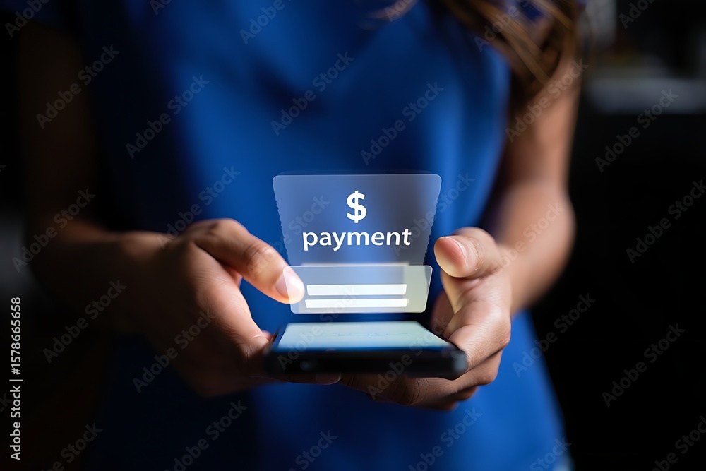 Poster close up of a person s hands holding a smartphone with a glowing payment interface and dollar sign d