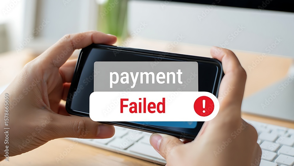 Aufkleber close up of hands holding a smartphone displaying a payment failed notification with an exclamation 