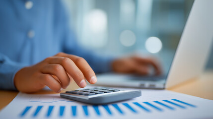 Calculator use beside laptop with analytics reports on desk