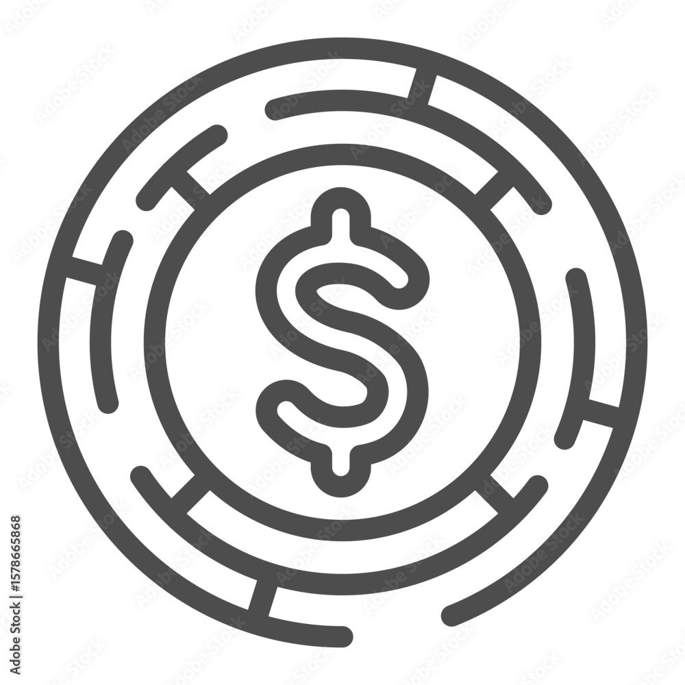 Poster round labyrinth with dollar coin line icon, financial tech concept. vector graphics. coin in circle 