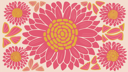 Fototapeta premium A floral arrangement featuring pink sunflowers and scattered petals on a light beige background