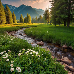 natural scenery background, blue sky mountains, beaches, lakes, forests, beautiful waterfalls