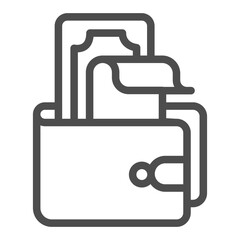 Leather wallet with banknotes line icon, finance concept. Vector graphics. Purse with paper bills, cash sign on white background, outline style icon for mobile or web design.