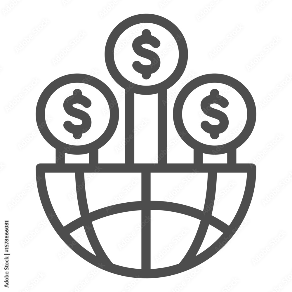 Poster globe half with dollar coin trees line icon, financial tech concept. vector graphics. coins with wor
