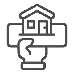 Hand and board with house line icon, real estate concept. Vector graphics. Cottage building mockup, funding sign on white background, outline style icon for mobile or web design.