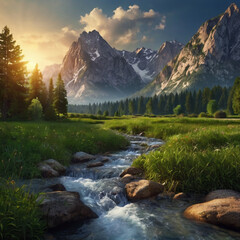natural scenery background, blue sky mountains, beaches, lakes, forests, beautiful waterfalls