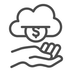 Cloud with coin machine and hand line icon, money payout concept. Vector graphics. Hand with dollar cloud, finance sign on white background, outline style icon for mobile or web design.