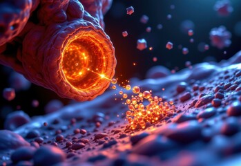 artistic visualization of atp molecules being released from mitochondrion into cytoplasm, with glowing particles floating in cell.