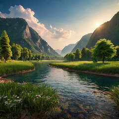 natural scenery background, blue sky mountains, beaches, lakes, forests, beautiful waterfalls