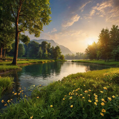 natural scenery background, blue sky mountains, beaches, lakes, forests, beautiful waterfalls