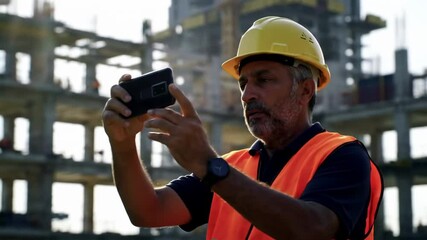 Construction worker taking photo