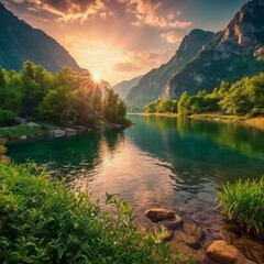 natural scenery background, blue sky mountains, beaches, lakes, forests, beautiful waterfalls