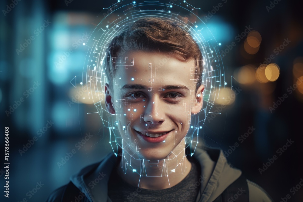 Poster ai powered facial recognition software scanning and identifying a smiling student's face