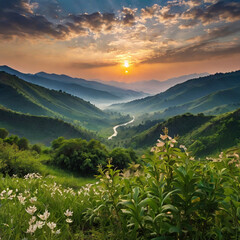 natural scenery background, blue sky mountains, beaches, lakes, forests, beautiful waterfalls