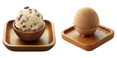 Set of ball scoop of hazelnut ice cream on a wooden tray isolated on transparent background