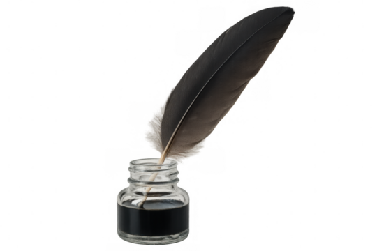 Dark quill pen resting near vintage glass inkwell, poised for elegant calligraphy writing against clean background